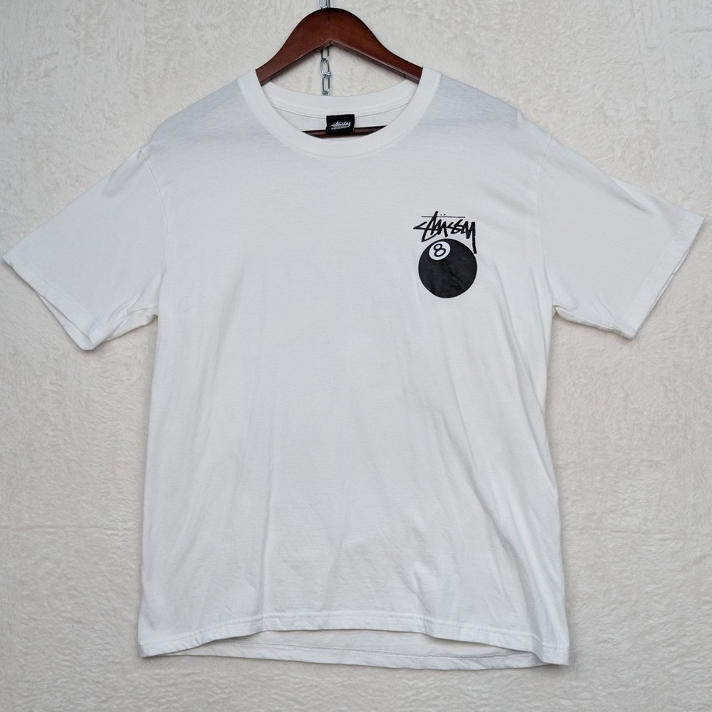 VTG Stussy T-Shirt Mens M White Short Sleeve 8 Ball Script Streetwear Skater Y2K
